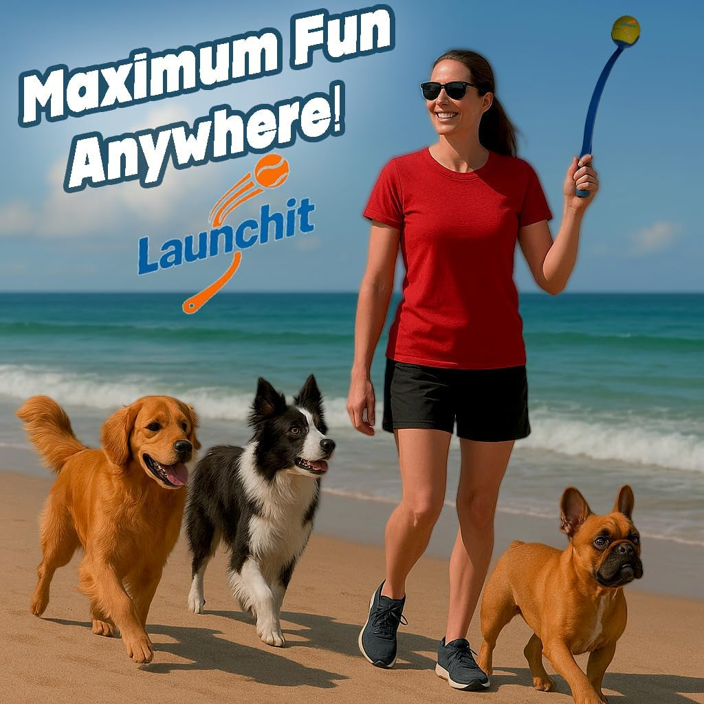Dog Ball Launcher, Tennis Ball Thrower, Compact Design 13.8" Stick with Medium 2.5" Ball (Blue)