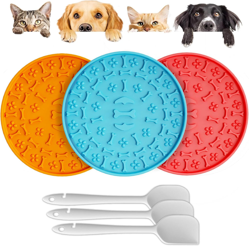 Lick Mat for Dogs & Cats 3 Pack - Silicone Dog Lick Mat with Suction Cups - Anxiety Relief/Promotes Healthy Eating/Frozen & Dishwasher Safe - Pet Peanut Butter Lick Pad  (Blue Orange Red)