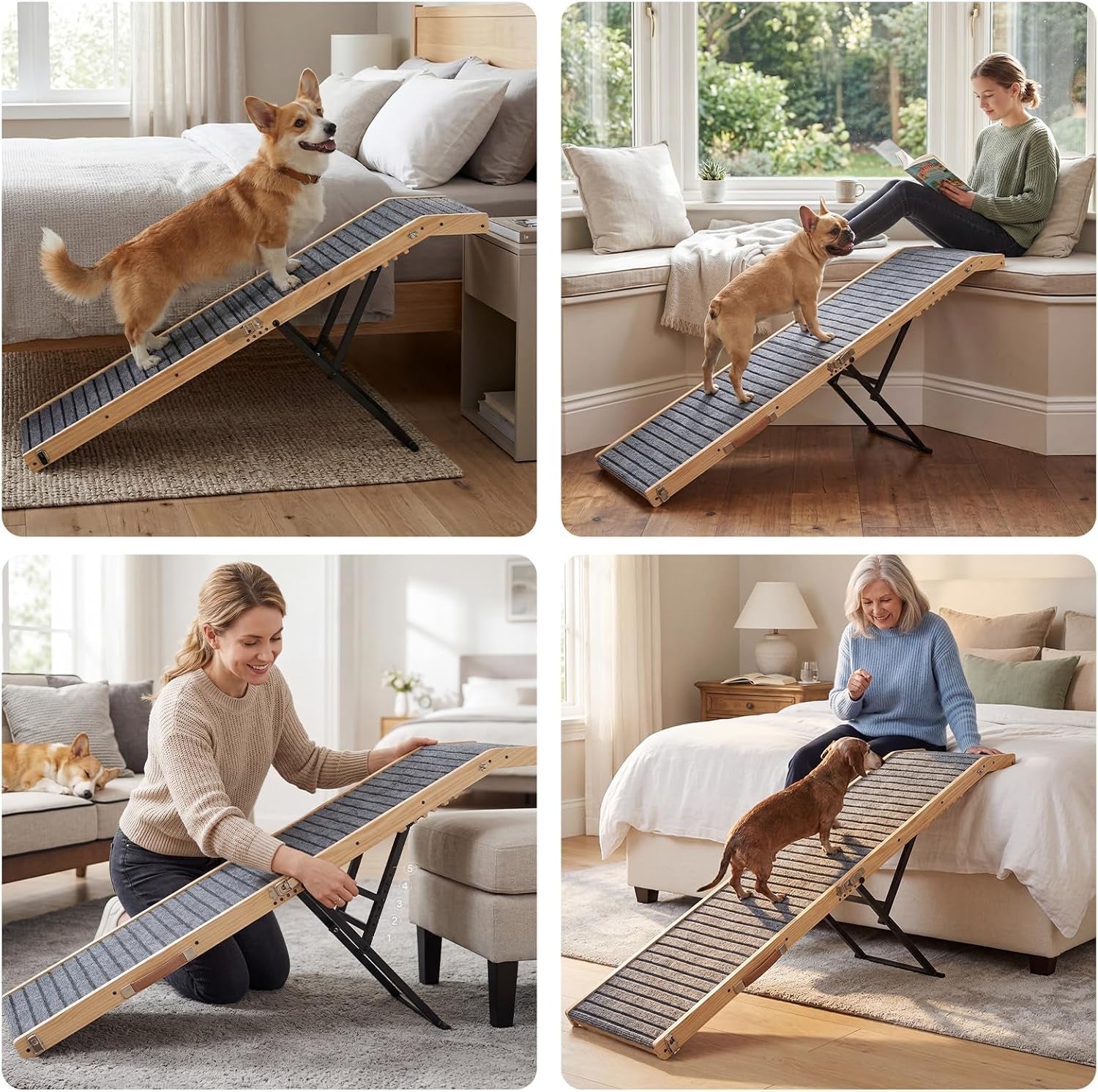 Folding Dog Ramp for Bed Couch for Small Dogs Height 20" to 31" | 65" Long Portable Pet Ramp for Bed Car 5 Adjustable Height Doggie Dachshund Senior Dog Ramps with Steel Bracket, up to 220Lbs