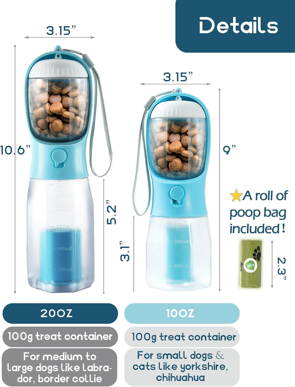 Portable Water Bottle for Dogs, 3 in 1 Pet Travel Bowl Dispenser with Food Treat Container & Poop Bag Holder, Summer Outdoor Walking Hiking Accessories for Dog on the Go - Darkblue, 20Oz