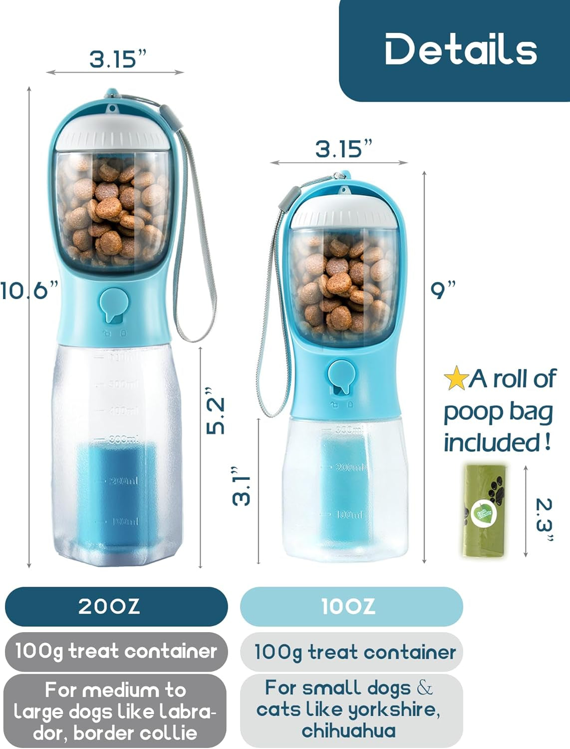 Portable Water Bottle for Dogs, 3 in 1 Pet Travel Bowl Dispenser with Food Treat Container & Poop Bag Holder, Summer Outdoor Walking Hiking Accessories for Dog on the Go - Darkblue, 20Oz