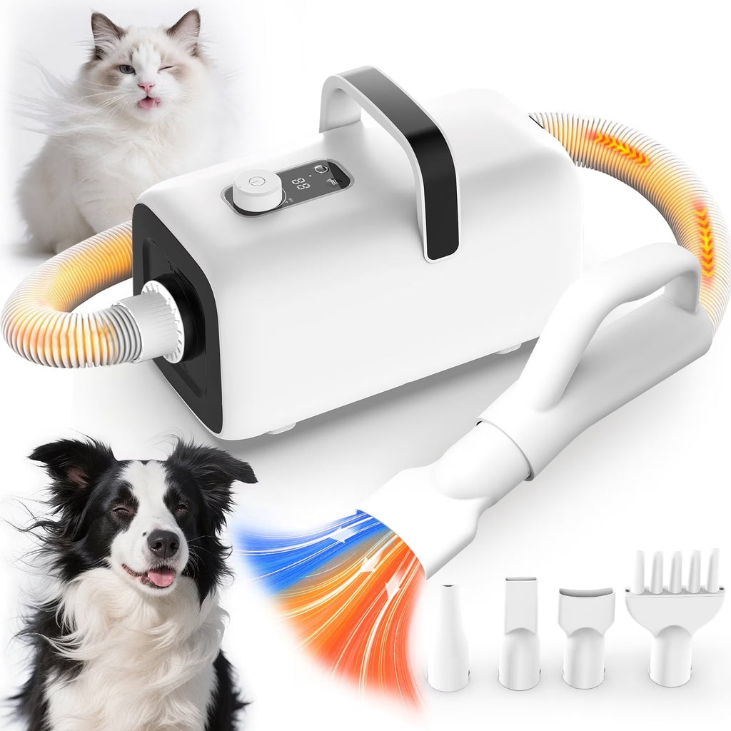 Dog Blower Pet Hair Dryer with Adjustable Speed Temperature, Large Dog Hair Grooming Blower after Bath Swimming, Heating Blower with 4 Nozzles