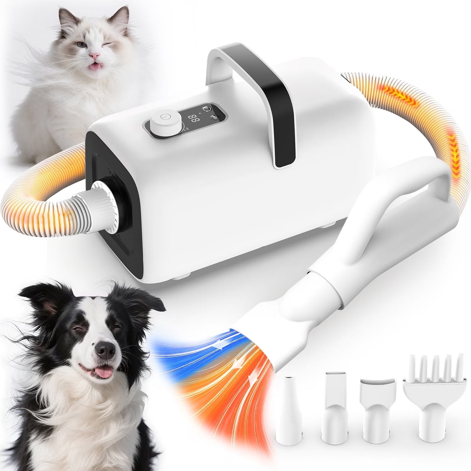 Dog Blower Pet Hair Dryer with Adjustable Speed Temperature, Large Dog Hair Grooming Blower after Bath Swimming, Heating Blower with 4 Nozzles