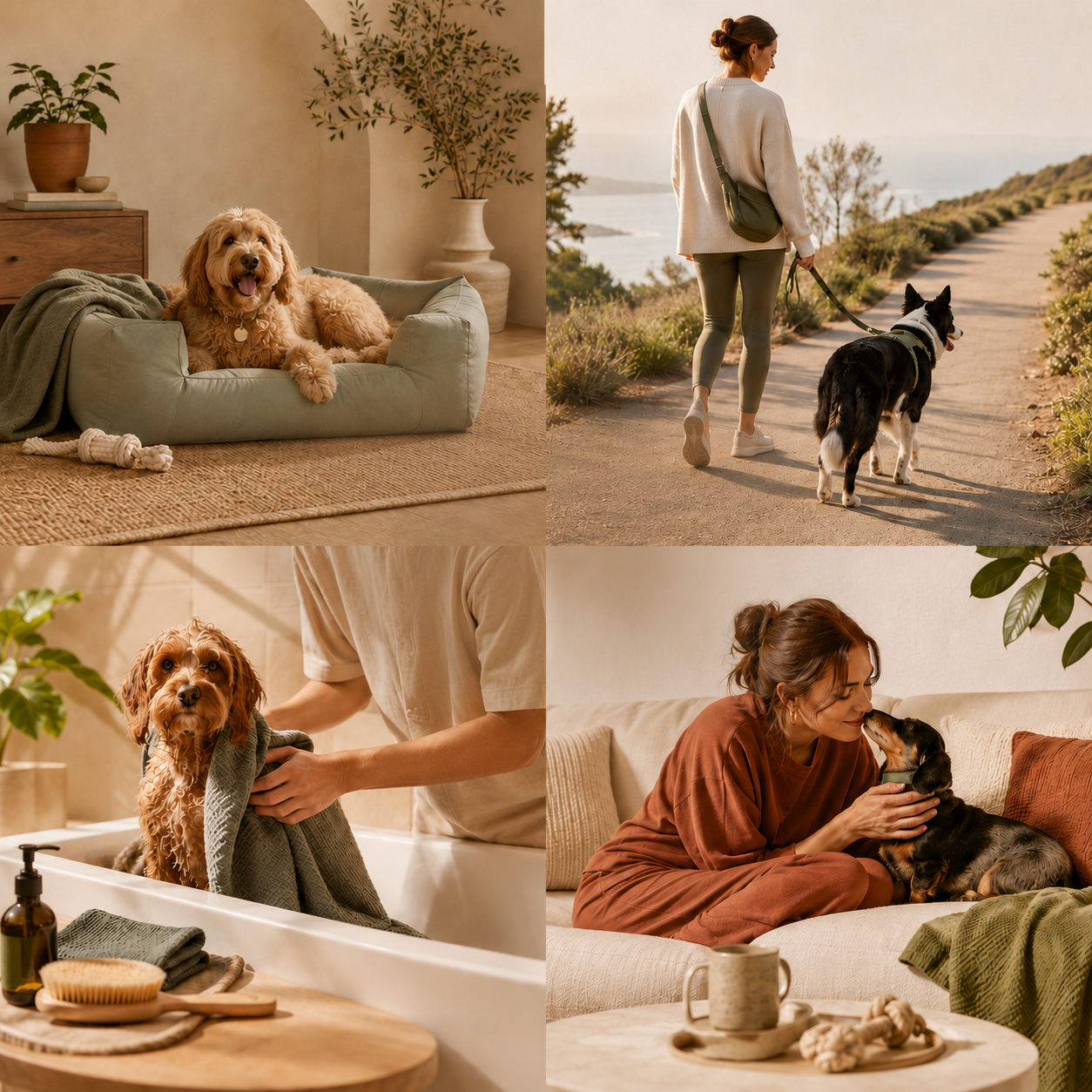 Four lifestyle scenes showing dogs and dog parents at home, on walks, during grooming, and in cozy everyday moments.