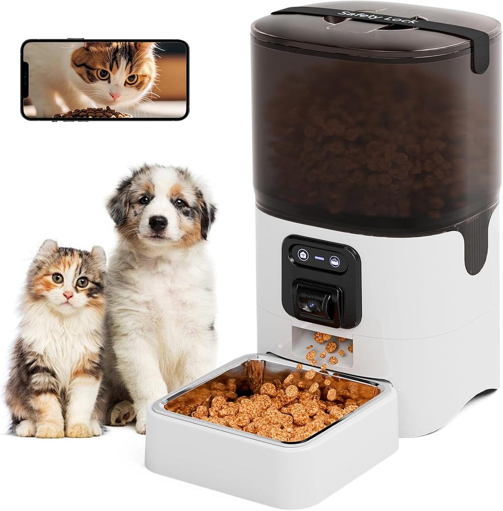 6L Automatic Cat Feeder with Camera, 1080P HD Camera Live Video, Night Vision 2-Way Audio, Wifi & App Remote Control, Programmable Pet Feeder, Smart Timed Dry Food Dispenser for Cat & Dog