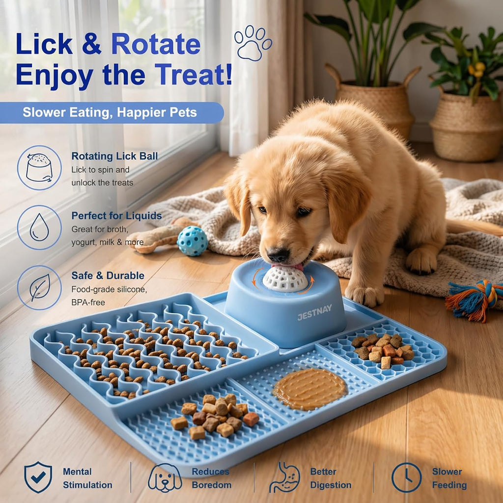Dog Lick Mat & Slow Feeder Bowl Combo, Enrichment Toy with Puzzle Dome, 4-Texture Silicone Licking Mat for Anxiety Relief, Slow Feeding, Boredom Buster with Cleaning Brush & Silicone Spatula (Blue)