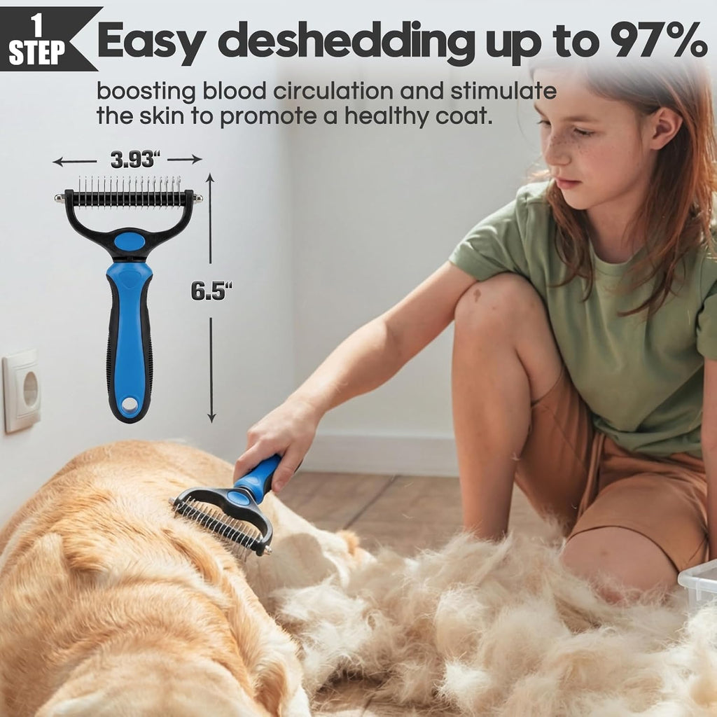 Dog Slicker Brush for Dogs Grooming Kit 5PCS Long Haired Doodles | Goldendoodles Poodles, Skin Friendly Deshedding, Comb and Rake, Removes Undercoat, Professional Detangling, Large, Blue