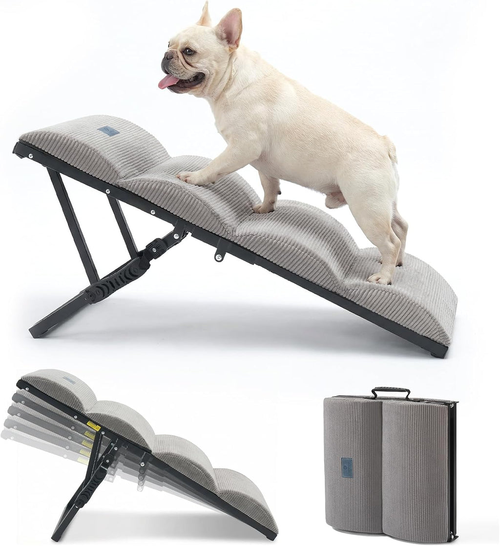 Dog Ramp for Bed Couch Small Large Dogs, Foldable Pet Ramp 12"-20" H | 5 Adjustable Height Portable Dog Ramps for Beds Bedside Folding Doggy Stairs Metal Frame for Senior Dogs, up to 130Lbs