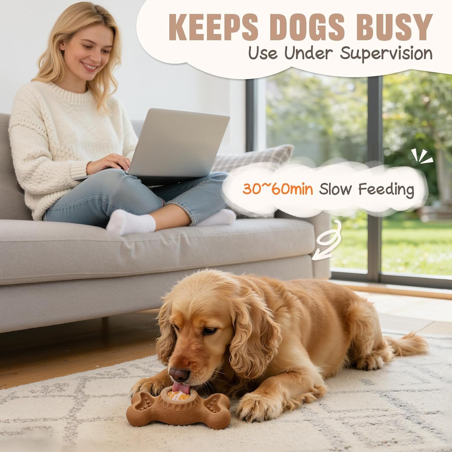 3-In-1 Enrichment Dog Toy for Aggressive Chewers, Frozen Treat Toy & Interactive Treat Dispenser with Peanut Butter Grooves, Long Lasting Chew Toy for Large Dogs, Easy to Clean, Brown