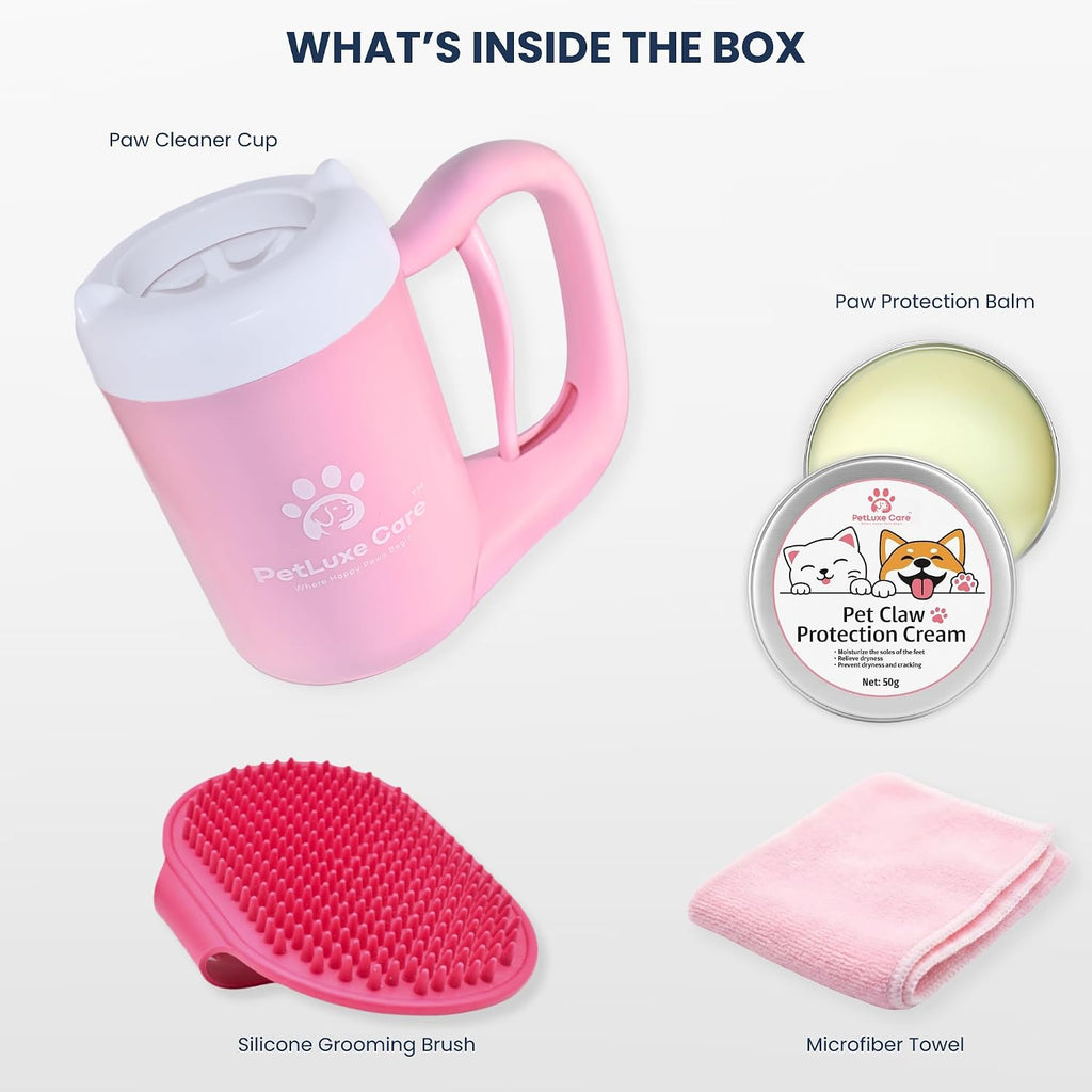 Dog Paw Cleaner, Paw Washer Cup with Soft Silicone Bristles, Portable Dog Foot Washer, 4-In-1 Paw Cleaner Kit with Paw Balm, Microfiber Towel & Grooming Brush (Pink Small)