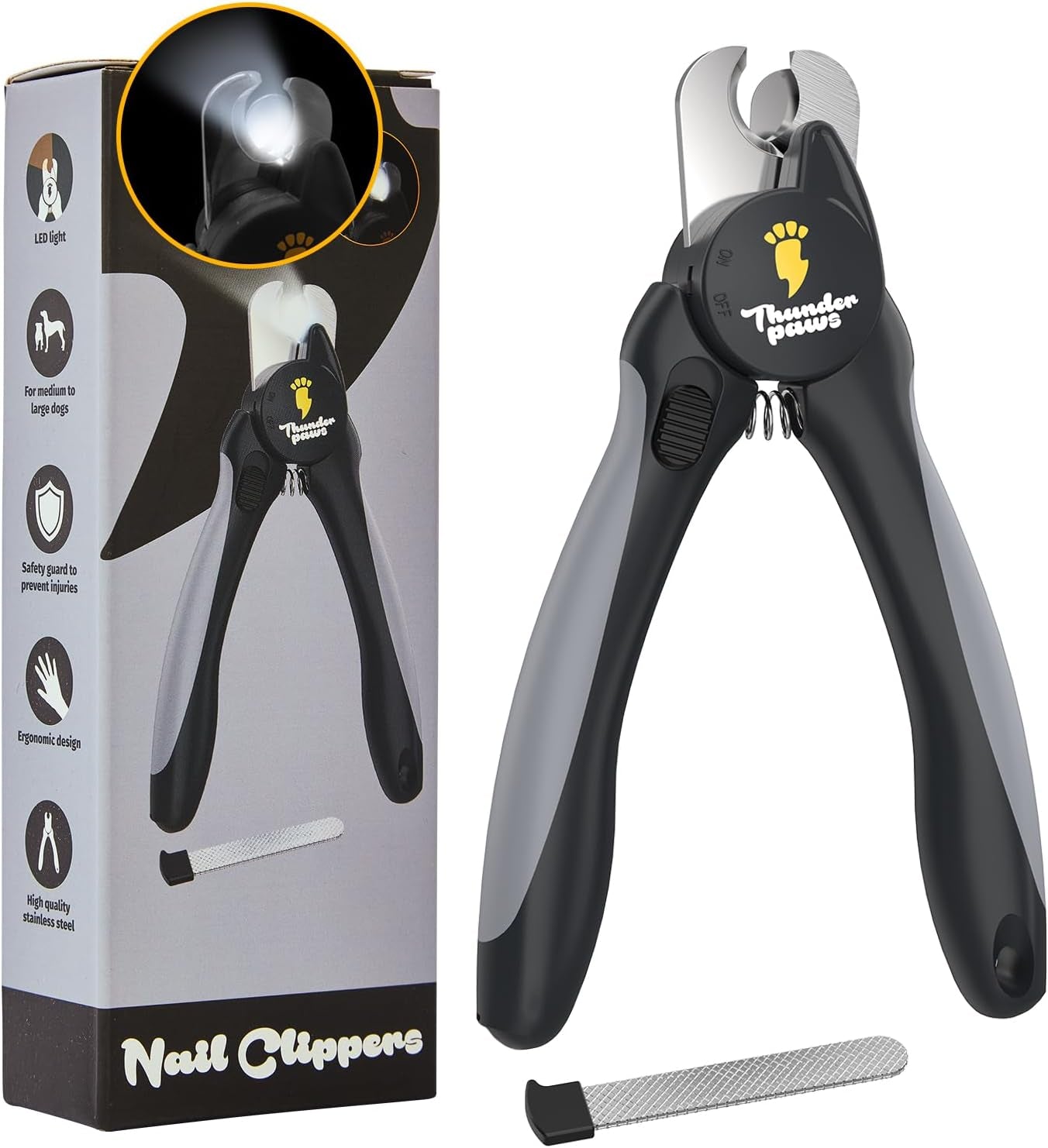 LED Dog Nail Clippers with Light Illumination, Trimmers with Protective Guard, Safety Lock and Nail File - Suitable for Large and Small Dogs & Cats (Yellow)