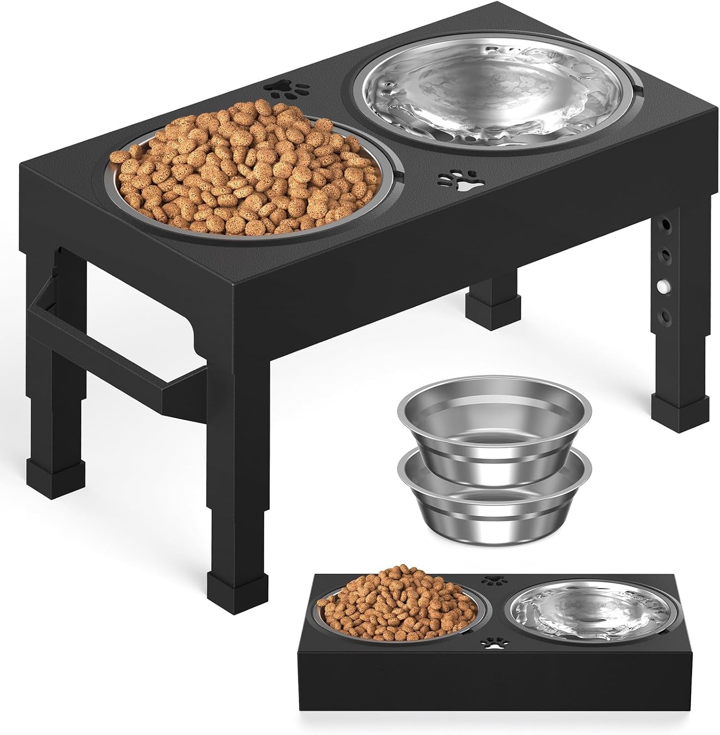 Elevated Dog Bowls Stand Large Breed, Height Adjustable Raised Dog Bowls Holder with 2 Stainless Steel Food Bowls for Small, Medium and Large Canine，Black