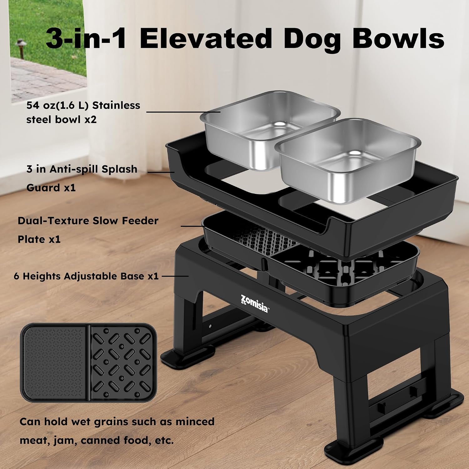 3-In-1 Elevated Dog Bowls - 6 Height Adjustable Raised Dog Bowl Stand, Double Deck Design Mess Proof, Feeding Station with 2 Stainless Steel Bowls & Licking Plate for Small Medium Large Pets