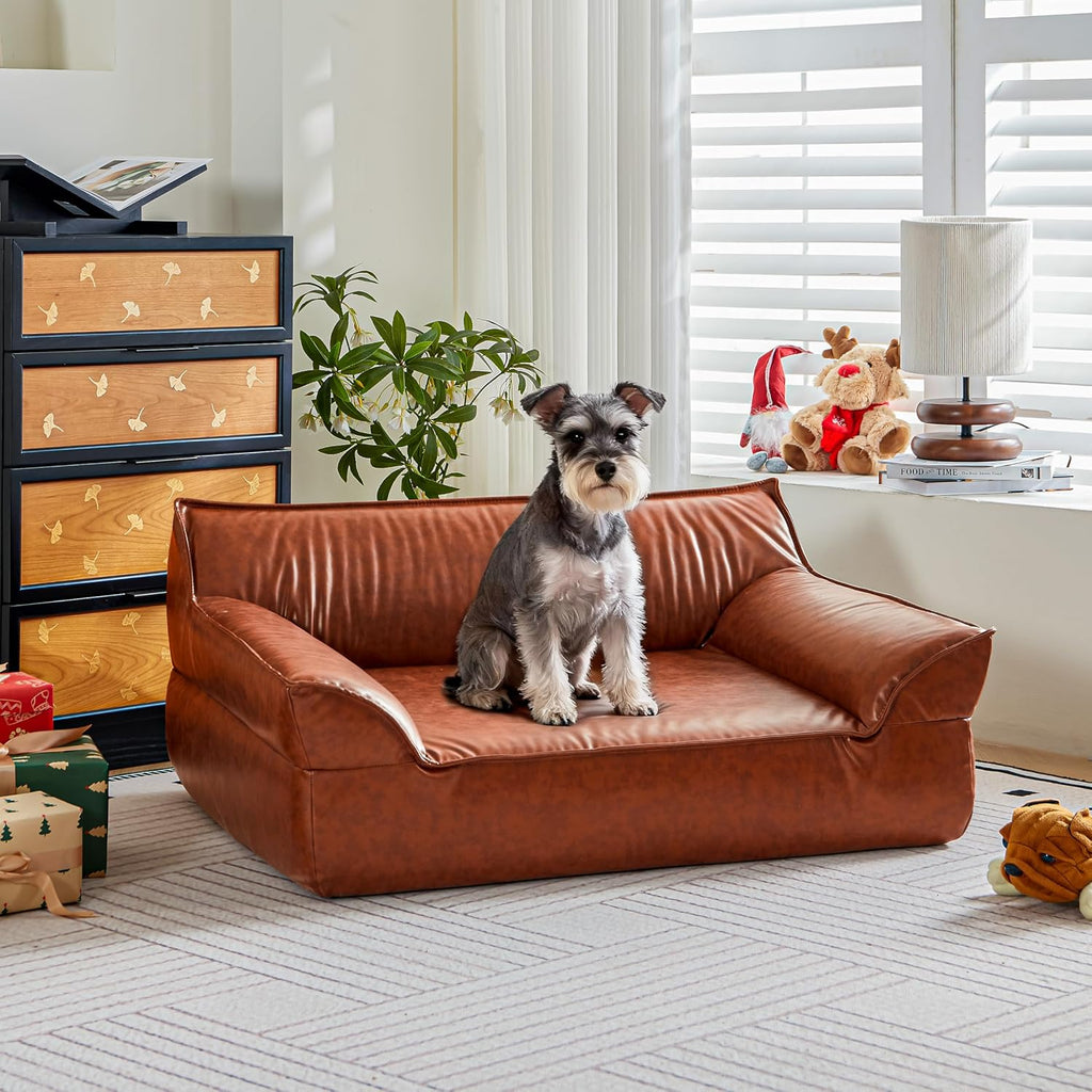 Large Leather Dog Sofa Pet Bed Couch for Large and Medium Dogs under 70 Lbs | Brown Luxurious Vintage Elevated Dog Sofa, Chaise Indoor Furniture Style Pet Supplies Low Maintenance