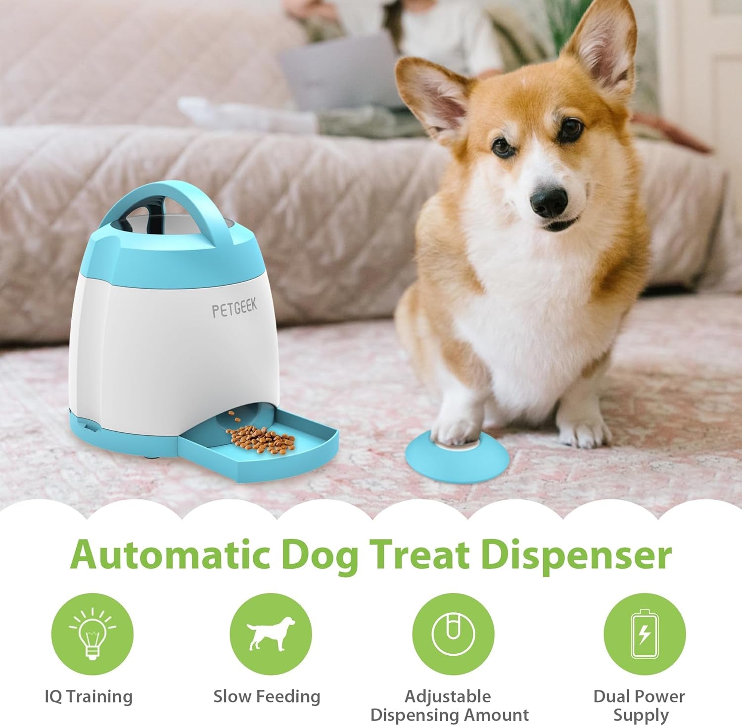 Automatic Dog Treat Dispenser, Interactive Pet Toy Food Dispensing for IQ Training, Dog Food Dispenser with Button Remote Push, Dual Power Supply for Indoor Outdoor Use, Blue