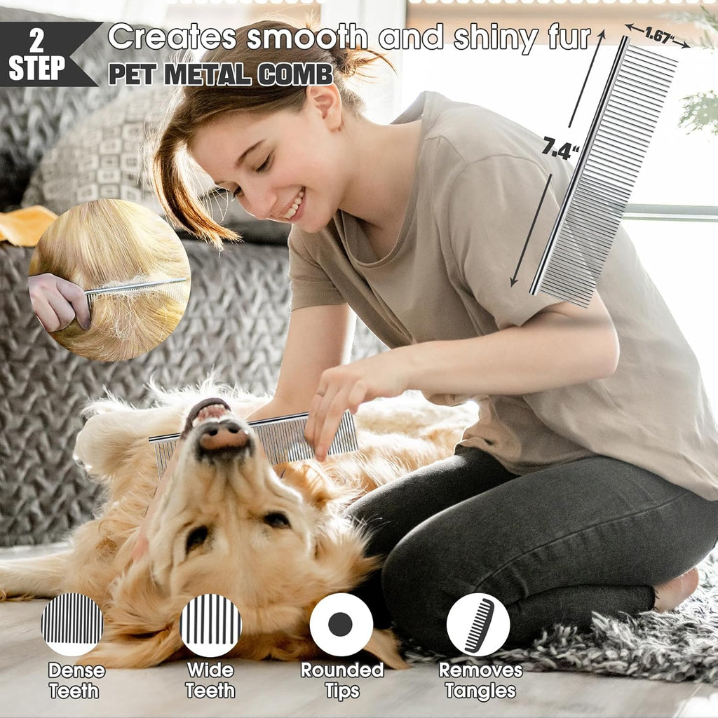 Dog Slicker Brush for Dogs Grooming Kit 5PCS Long Haired Doodles | Goldendoodles Poodles, Skin Friendly Deshedding, Comb and Rake, Removes Undercoat, Professional Detangling, Large, Blue