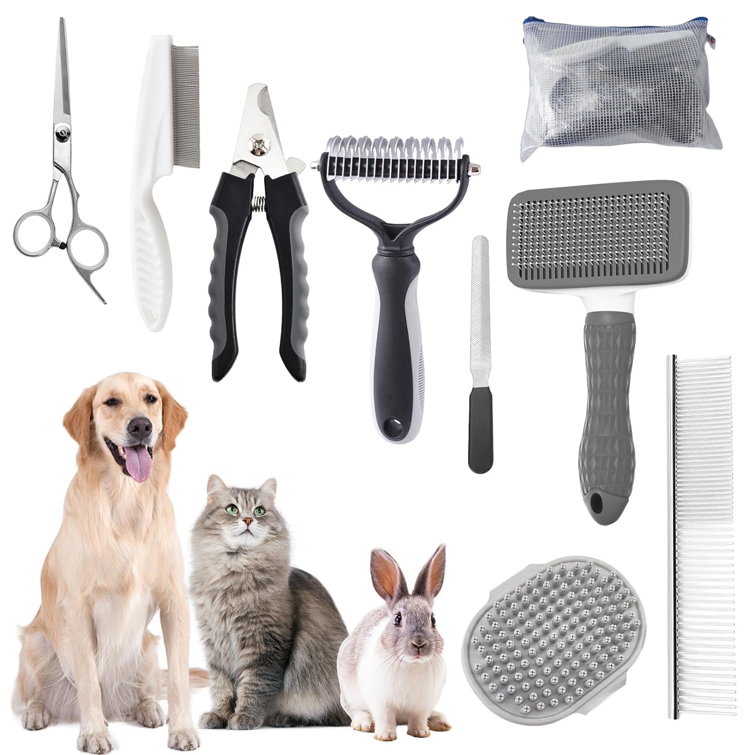 Bath Grooming Kit for Pets - Hair Brush Set with Towel, Washing Gloves, and Shampoo Scrubber Brush for Dogs and Cats (Pink)