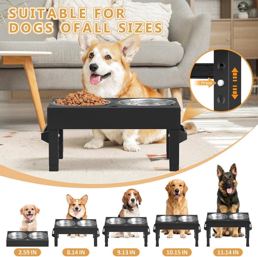Elevated Dog Bowls Stand Large Breed, Height Adjustable Raised Dog Bowls Holder with 2 Stainless Steel Food Bowls for Small, Medium and Large Canine，Black