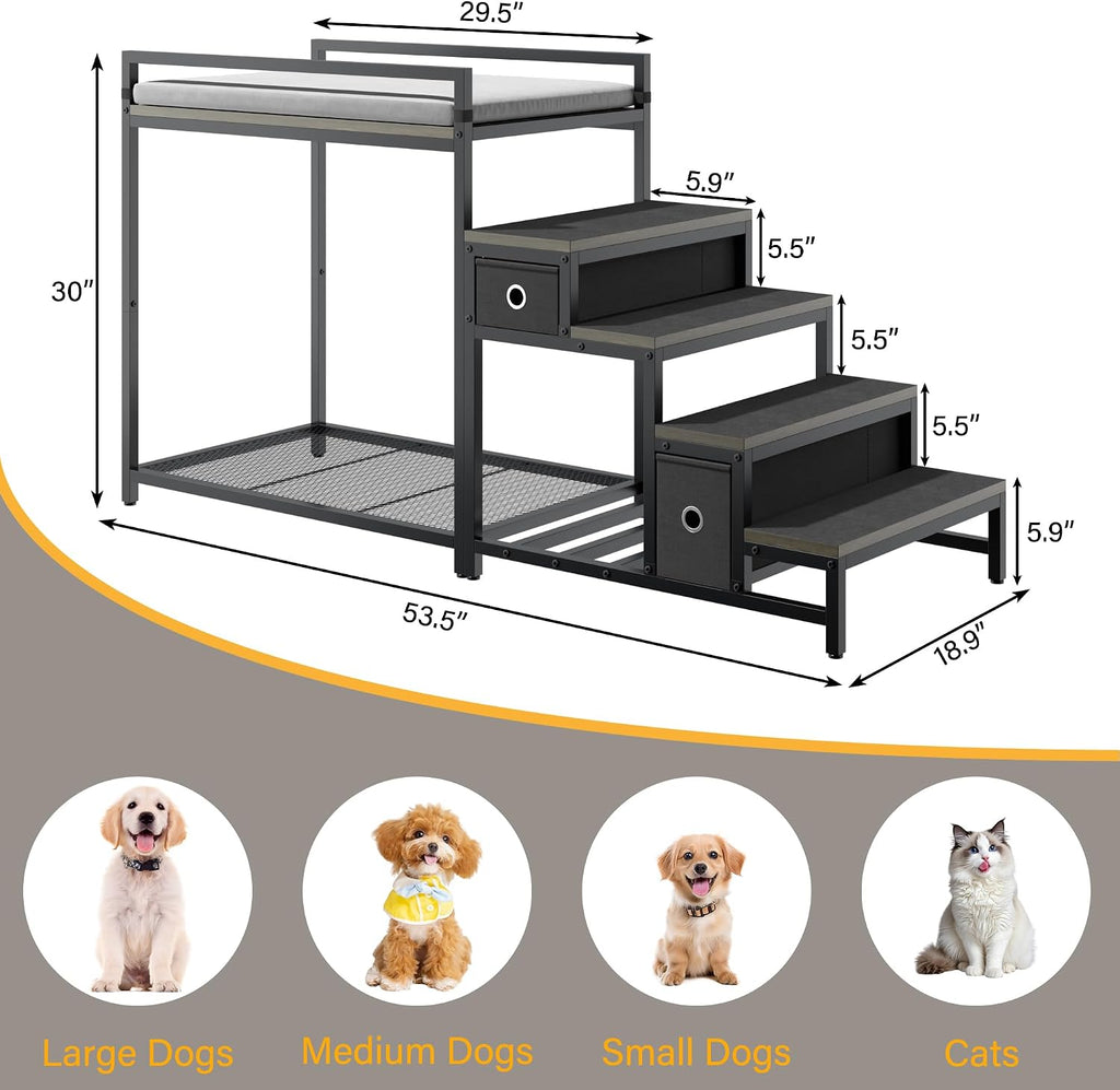 Pet Bunk Bed with Stairs and Storage, Dog Beds Attachment to Human Bed, Bedside Dogs Cot for Small, Medium Cats & Dogs, Pet Window Perch (Grey)
