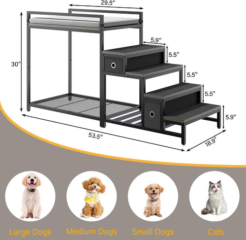 Pet Bunk Bed with Stairs and Storage, Dog Beds Attachment to Human Bed, Bedside Dogs Cot for Small, Medium Cats & Dogs, Pet Window Perch (Grey)