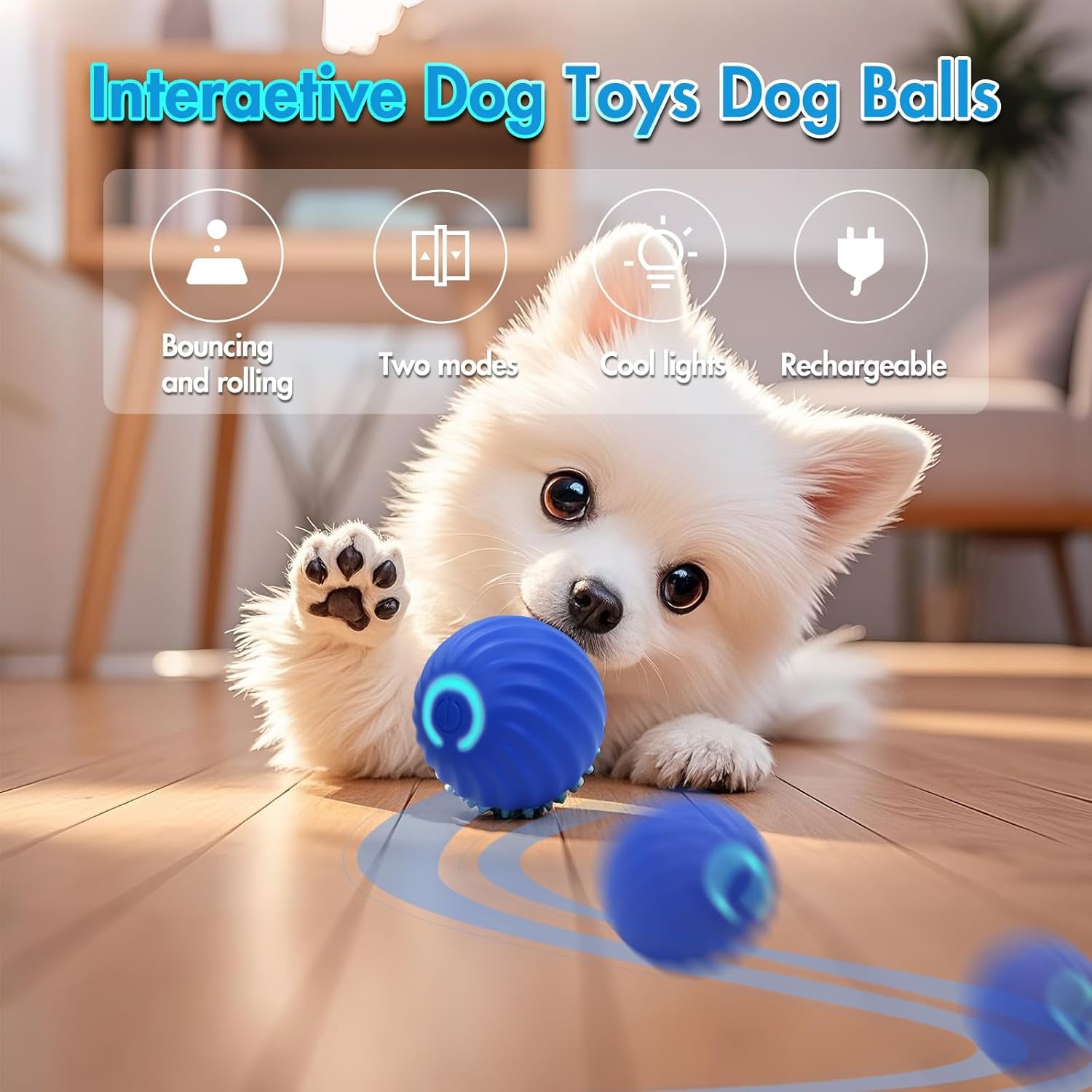 Interactive Dog Ball Toys for Pet Dogs,Smart Electric Small Medium Dog Toys to Keep Them Busy,Automatic Rolling Jumping Balls with 2 Cover for Dogs,Rechargeable Balls,Not for Aggressive Chewers,Blue