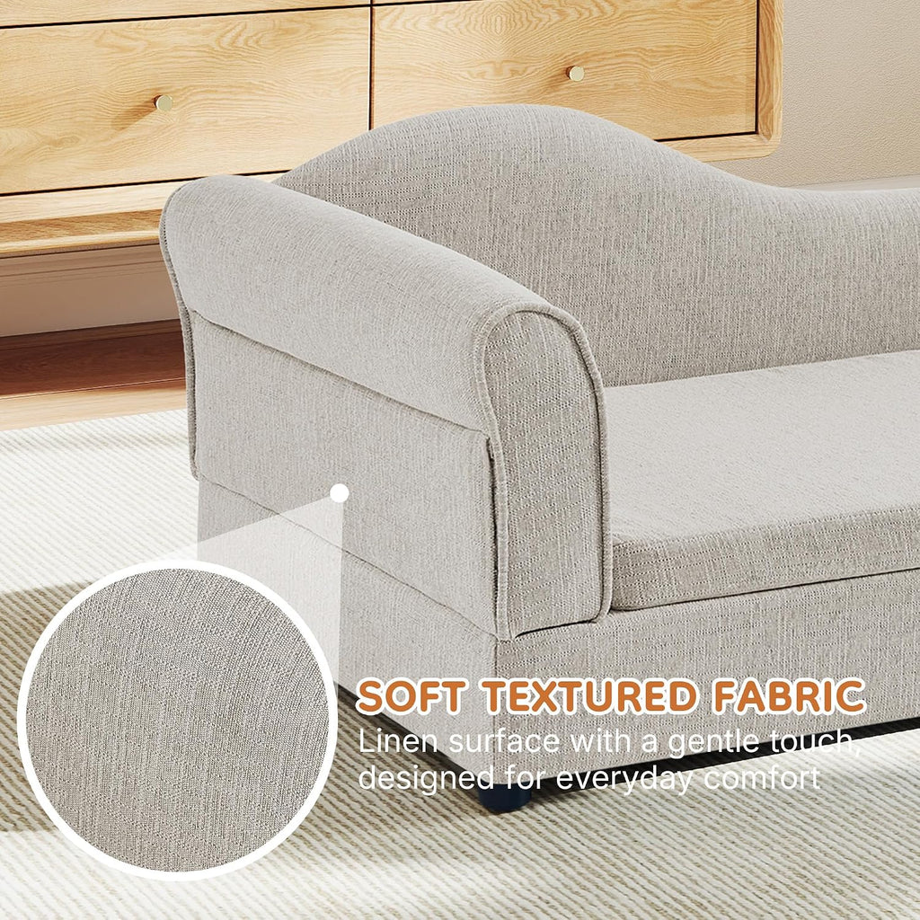 Dog Couch for Medium and Large Dogs, 55 X 26 X 18.5 Inch Pet Sofa Bed with Wave Backrest, Single Armrest, Breathable Linen Cushion, Low Feet, Beige