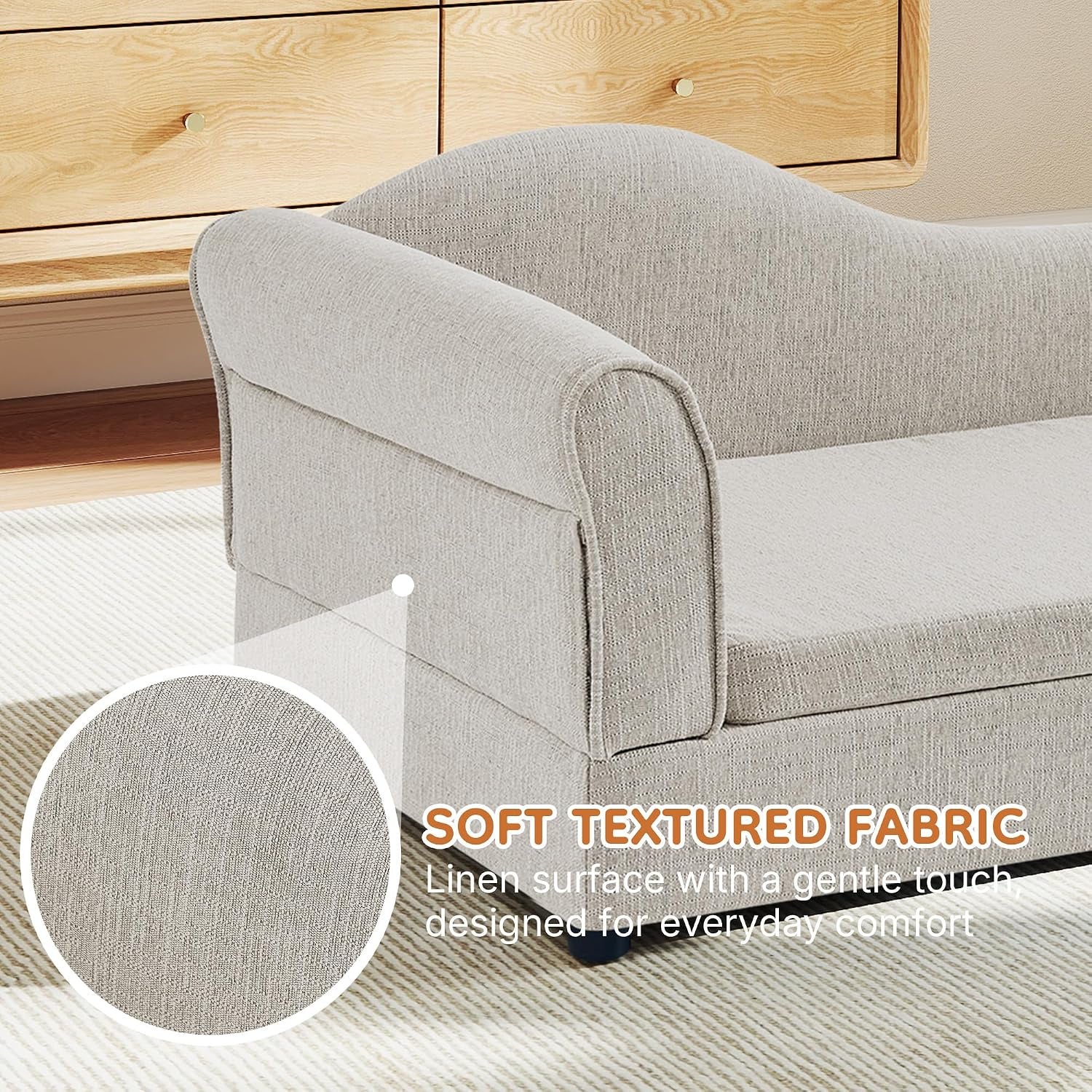 Dog Couch for Medium and Large Dogs, 55 X 26 X 18.5 Inch Pet Sofa Bed with Wave Backrest, Single Armrest, Breathable Linen Cushion, Low Feet, Beige