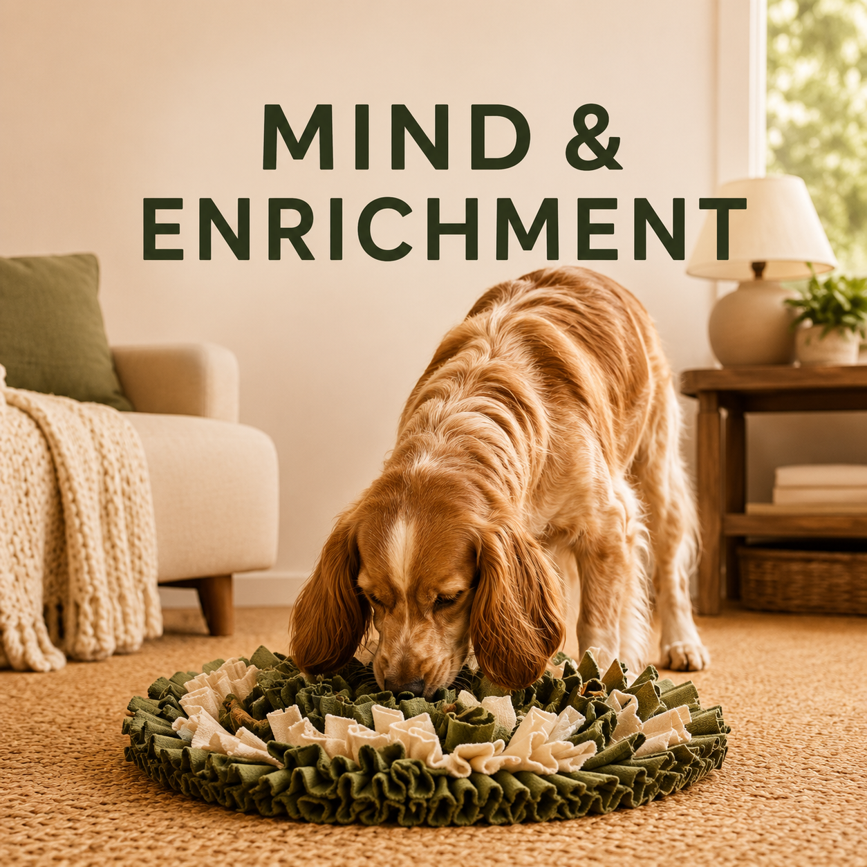 Dog sniffing a green snuffle mat in a cozy living room beneath the title “Mind & Enrichment.”
